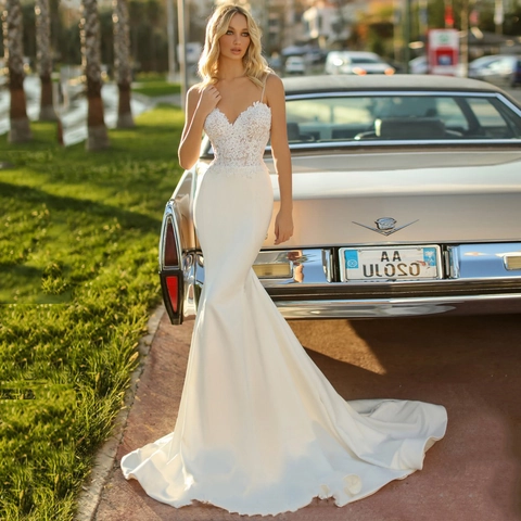 Mermaid Wedding Dress Deep V-Neck Lace Satin Spaghetti Straps Backless Long Trailing White Bridal Gown For Women