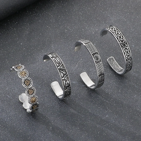 Vintage Stainless Steel Men Cuff Bracelet Nordic Viking Rune Celtic Knot Freemasonry Design Jewelry