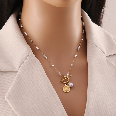 Ocean Theme Stainless Steel Necklace With Artificial Pearl Shell Starfish Dolphin Pendants Fashion Jewelry For Women