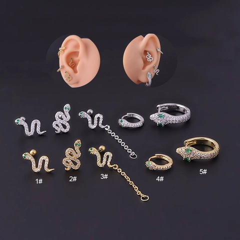 Slang Oorkraakbeen Piercing Studs Roestvrij Staal Koper Zirkoon Groene Ogen Trendy Gothic Dieren Sieraden