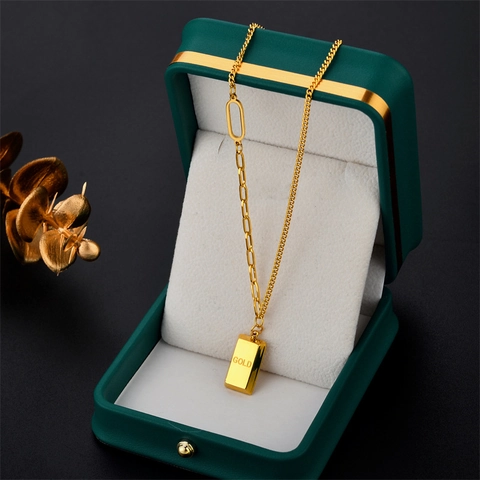 Collier Pendentif Lingot D'or Acier Inoxydable Chaîne Trombone Gourmette Asymétrique Accessoire Tendance Pour Femmes