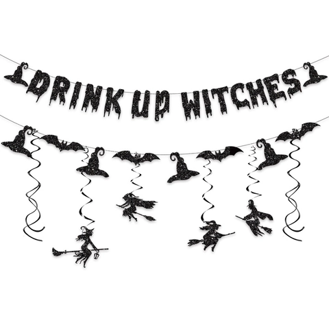 Decorazione Halloween Drink Up Witches Banner E Pendenti Spirali Carta Luccicante Strega Pipistrello