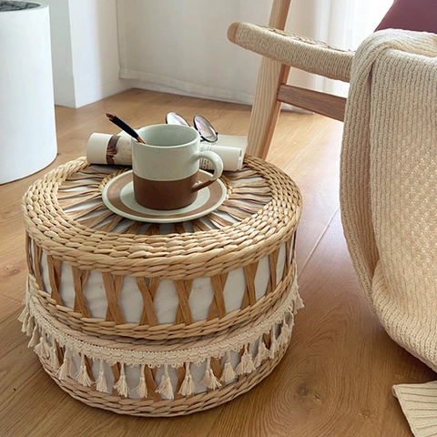 Cojín De Suelo Tejido Redondo Puf De Paja Natural Asiento De Tatami Hecho A Mano Para Meditación Yoga Con Decoración De Borlas