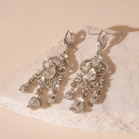 Luxury Water Drop Chandelier Drop Earrings Alloy Rhinestone With 925 Sterling Silver Earring Post Jewelry For Women