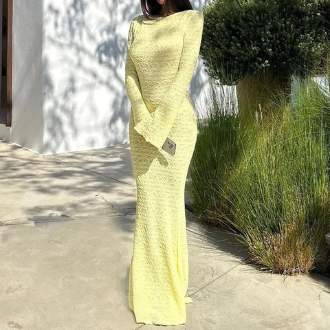Abito Maxi Maglia Strutturata Schiena Scoperta Fiocco Girocollo Maniche Lunghe Campana Aderente Sirena Elegante Sera Festa