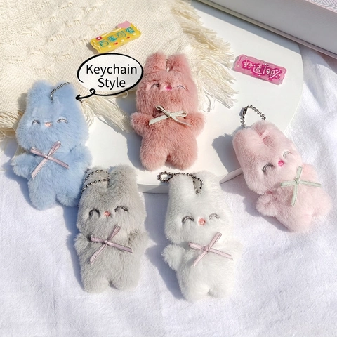 Süße Plüschhase Brosche Schlüsselanhänger Kunstfell Tierform Bandschleife Stickerei Weiches Ornament Für Taschen Kleidung DIY
