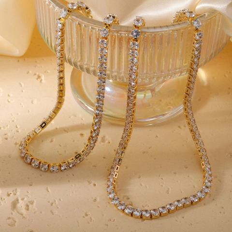 Elegant Gold Plated Copper Tennis Necklace Round Cut White Zirconia Sparkling Simple Clavicle Chain Necklace For Women Party Jewelry