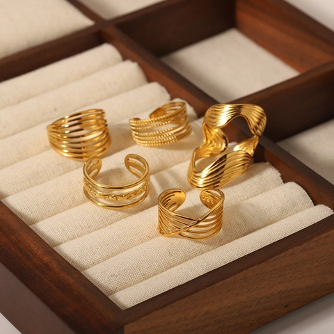 Anello In Acciaio Inossidabile Da Donna Placcato Oro 18K Regolabile Onda Irregolare Multistrato Gioielli Vintage