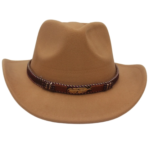 Retro Western Cowboy Fedora Hat Wool Felt Wide Brim With Feather Pendant Braided Band Fashion Outdoors Accessory