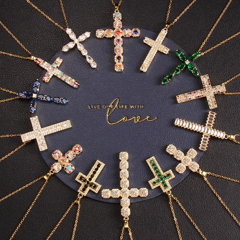 Cross Pendant Necklace Stainless Steel And Copper Plated With Multi Color Zircon Inlaid Religious Elegant Jewelry For Women