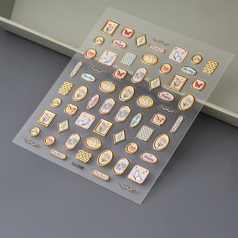 Stickers Ongles Relief 5D Rétro Doré Fleurs Papillon Lapin Cadre Design DIY Manucure Décoration Accessoires
