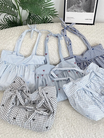 Damen Koreanische Gingham Gestreifte Einkaufstasche Polyester Leinwand Schultertasche Rüschen Schleife Stickerei Große Kapazität
