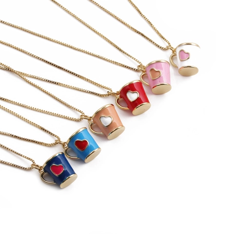 Enamel Coffee Cup Pendant Necklace Copper Gold Plated Heart Mug Shape Box Chain For Women Men Jewelry Gift