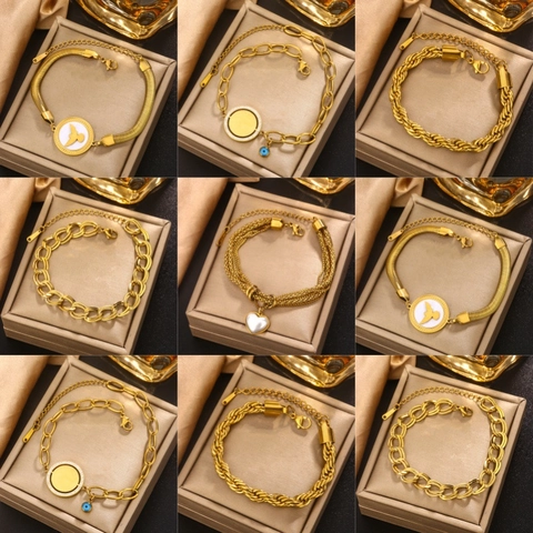 18K Gold Plated Stainless Steel Bracelet For Women Men Hip Hop Double Layer Snake Rope Chain Heart Evil Eye Charm Jewelry