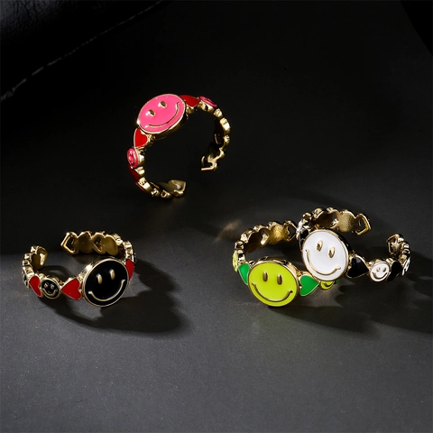Lustiger Smiley Herz Muster Offener Ring Vergoldetes Kupfer Bunte Emaille Verstellbarer Fingerschmuck Damen