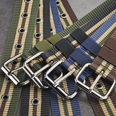 Canvas Belt Striped Solid Webbing Waistband With Metal Pin Buckle Tactical Military Style Adjustable Eyelets For Men Women
