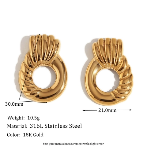 Orecchini A Cerchio Geometrici Rotondi Acciaio Inossidabile 316L Placcato Oro 18K Texture Torta Stile Francese