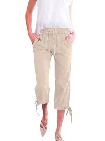 Women Cotton Linen Wide Leg Capri Pants Loose Elastic Drawstring Waist Cropped Trousers With Pockets Casual Solid Color