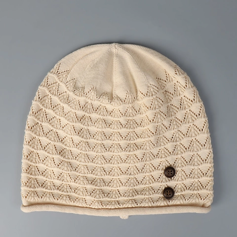 Bonnet Slouchy En Tricot Ajouré Respirant Léger Style Japonais Vintage Boutons Décoratifs Pour Femmes