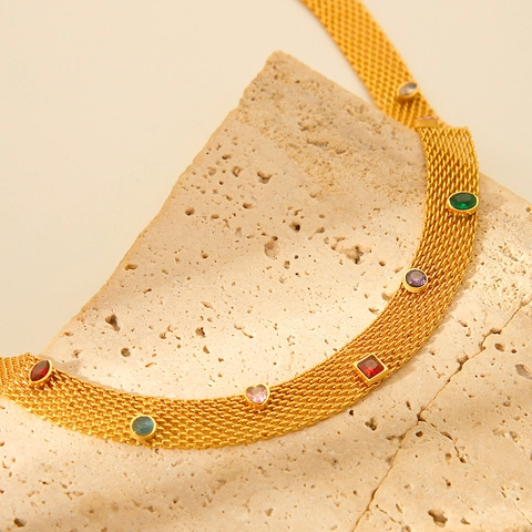 Collana In Acciaio Inossidabile Con Gemme Colorate Catena A Maglia Intrecciata Dorata Gioielli Eleganti Vintage Donna