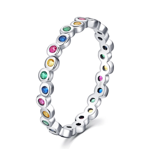 Rainbow Eternity Ring Colorful Zircon Inlaid Copper Band Minimalist Korean Style Finger Jewelry Women