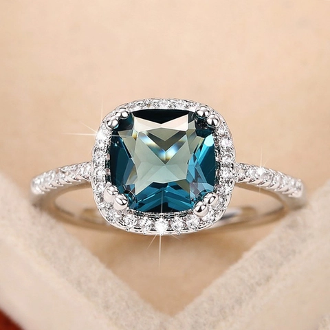 Vintage Royal Blue Zircon Square Ring Cushion Cut Halo Copper Engagement Jewelry For Women
