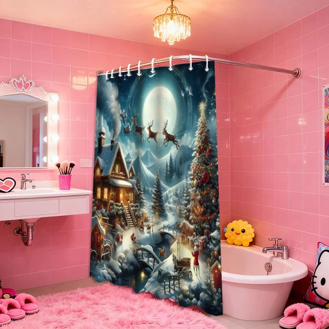 Christmas Shower Curtain Waterproof Polyester Fabric With Plastic Hooks Santa Reindeer Snow Scene Bathroom Decor Holiday