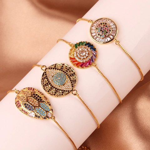 Gold Plated Copper Evil Eye Bracelet For Women Multicolor Rhinestone Star Snake Head Adjustable Chain Jewelry Gift
