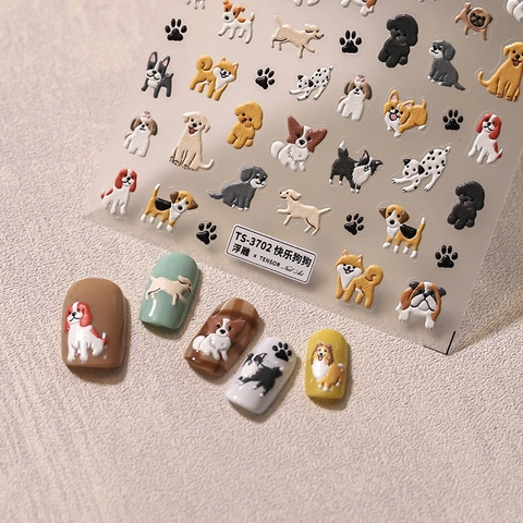 3D Geprägte Nagelkunst Aufkleber Cartoon Hund Design Süße Welpen Pfotenabdrücke PET Selbstklebende Abziehbilder DIY Maniküre