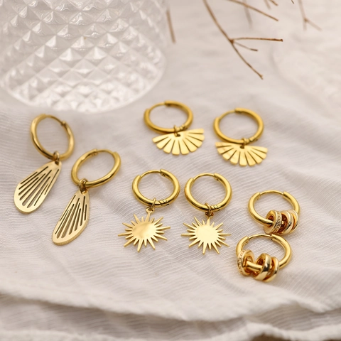 Stainless Steel Star Sun Fan Wing Drop Hoop Earrings For Women 18K Gold Plated Minimalist Geometric Fashion Jewelry