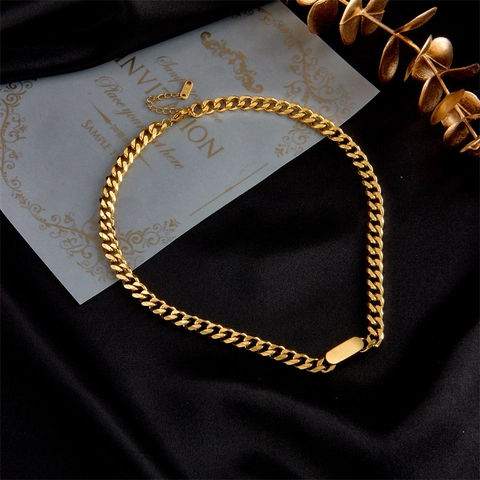 Cuban Link Chain Necklace Titanium Steel Rectangular Smooth Plate ID Tag Minimalist Streetwear Hip Hop Jewelry