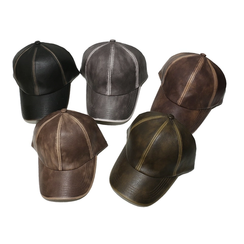 Vintage Distressed PU Leather Baseball Cap Solid Color Outdoor Casual Sports Sun Hat For Men Women Adjustable