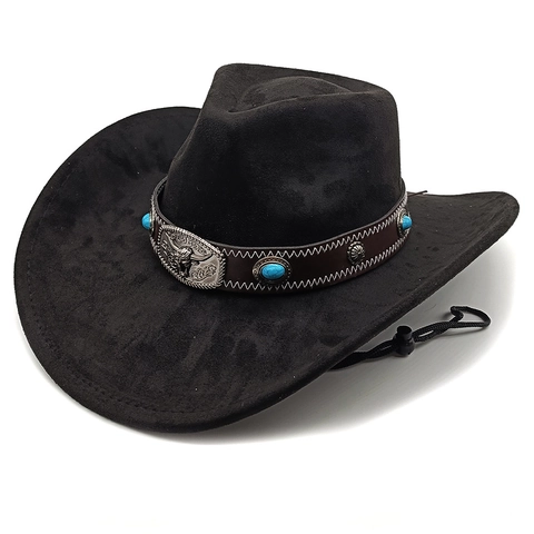 Western Cowboy Hat Suede Fabric Bull Head Buckle Turquoise Beaded Band Wide Brim Fedora For Outdoor Travel Sun Protection