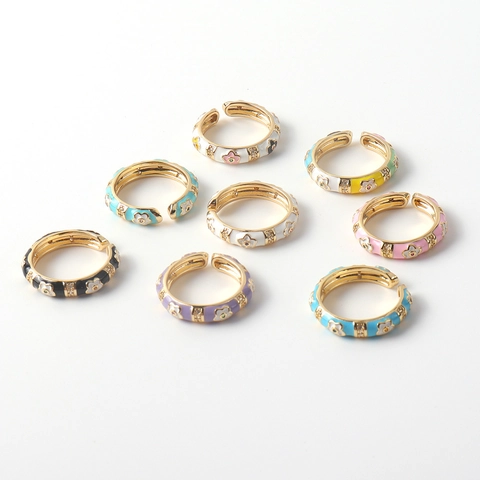 Anello Aperto Regolabile Design Fiore Smalto Colorato Rame Placcato Oro 18K Zirconia Gioielli Moda