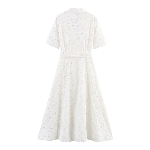 Witte Maxi Jurk Met Broderie Anglaise Korte Mouwen Overhemdkraag Tailleband Elegant Katoenmix Voor Dames