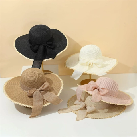 Women Wide Brim Straw Sun Hat Wavy Edge Bow Ribbon Beach Summer Travel Elegant Breathable Foldable UV Protection Accessory