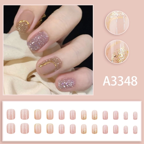 Short Square Press On Nails Nude Pink Glitter Purple Rhinestone French Tip Gold Line Starry Elegant Finish