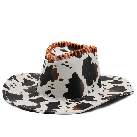 Cowboy Hat Women PU Synthetic Leather Cow Print Retro Western Wide Brim Whipstitch Braided Detail Trendy Travel