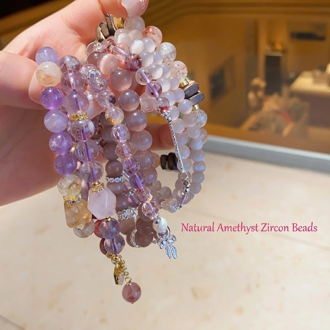 Natural Amethyst Zircon Yellow Crystal Beaded Bracelet Retro Elegant Handmade Cat Eye Stone Artificial Pearl Jewelry For Women
