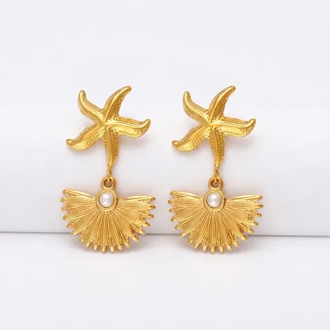 Edelstahl Seestern Muschel Ohrringe Mit Künstlicher Perle Gold Ton Nautische Ohrstecker Für Damen Strand Schmuck Zubehör
