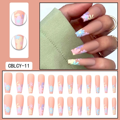 Long Coffin Press On Nails Matte Finish Macaron Color Floral Pattern Elegant Ins Style For Women Girls False Fingernails
