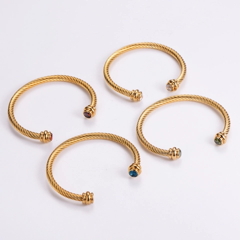 Gedrehter Kabeldraht Offener Armreif Edelstahl Strass Eingelegt Modeschmuck Damen Elegant Retro Armreif