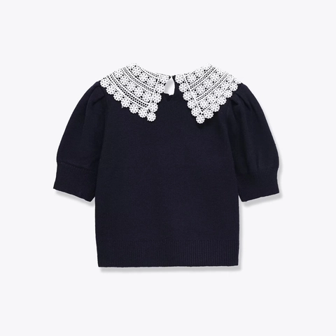 Top In Maglia A Maniche Corte Da Donna Con Colletto In Pizzo Bianco Blu Marino Manica A Sbuffo Elegante