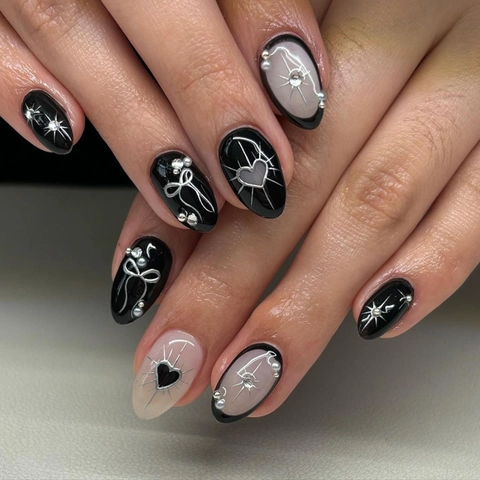 Gothic Black White Press On Nails Almond Shape Bow Heart Starry Design Rhinestone Artificial Pearl Artificial False Nails Women