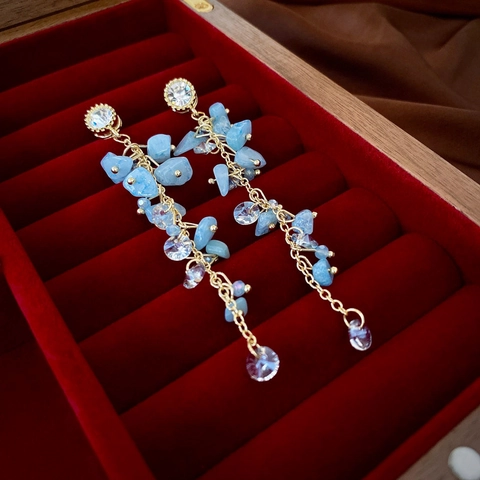Alloy Long Tassel Earrings With Light Blue Stones Rhinestone And 925 Sterling Silver Earring Post Elegant Jewelry For Women