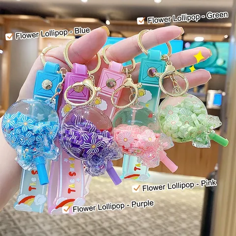 Creative Lollipop Flower Keychain Liquid Quicksand Bag Pendant Silicone Wristband Acrylic Cute Girls Gift Accessory