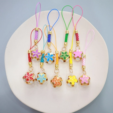 Hollow Metal Cherry Blossom Bell Pendant Japanese Style Enamel Phone Lanyard Keychain Bag Charm Accessory
