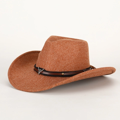 Western Cowboy Hat Wool Felt Vintage Fedora With Leather Band Metal Bull Head Decoration Retro Outdoor Jazz Hat Unisex