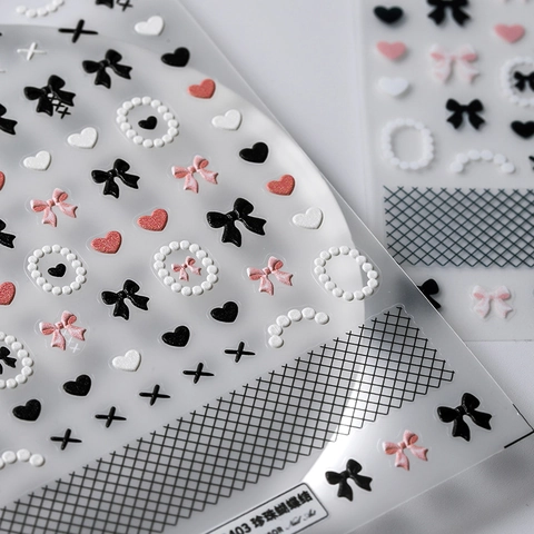 Pegatinas Arte De Uñas Relieve 5D Calcomanías 3D Grabadas Lazo Corazón Perla Artificial Decoración Manicura DIY Para Mujeres