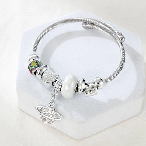 Edelstahl Planet Saturn Herz Charms Verstellbares Manschettenarmband Strass Emaille Perlen Valentinstag Geschenk Frauen